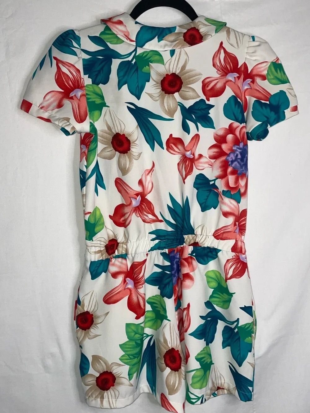 Zara White Floral Short Sleeve Romper with Teal & Coral Blooms